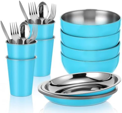 Jinei 24 Pcs Stainless Steel Camping Dinnerware Set for 4,Blue