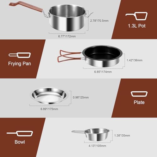 Odoland 10pcs Camping Cookware Stainless Steel Camping Pot and Pan Set with Plate Bowl Fork Knife Spoon for Backpacking, Hiking, Outdoor Cooking and Picnic