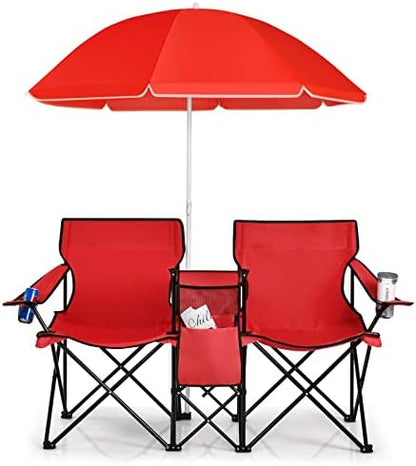 Goplus Double Camping Chairs with Umbrella, Cooler for Beach Patio