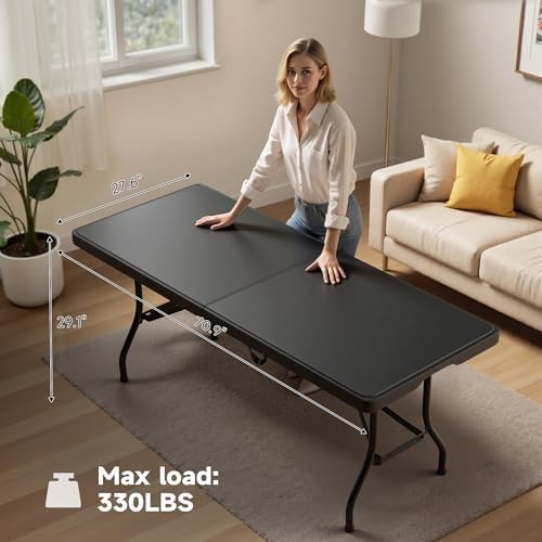 6 Foot Folding Table Black, Sturdy 330LBS Capacity, Reinforced Steel Legs, Foldable with Safety Lock, Portable for Parties, Picnics, Camping, 1 Pack