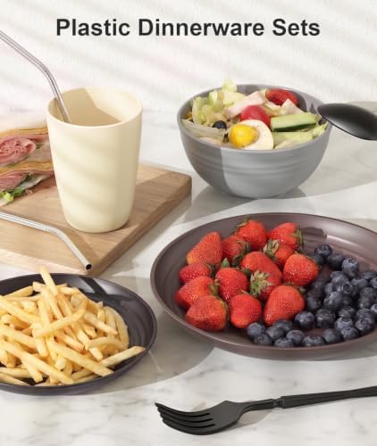 Quatish 64 Piece Plastic Plates and Bowls Sets for 8, Dinnerware Sets Brown