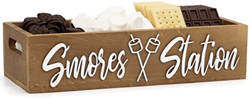 PuGez S'mores Station Box with Handles, Outdoor Kitchen Camping Decor Food Container, Farmhouse Bar Holder Accessories Organizer, Rustic 3D Style Storage Caddy Kit for Fire Pit, BBQ Housewarming Gift