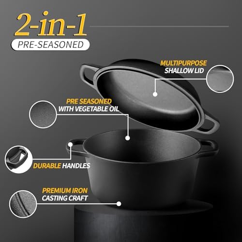 EDGING CASTING 2-in-1 Pre-Seasoned Cast Iron Dutch Oven Pot with Skillet Lid Cooking Pan, Cast Iron Skillet Cookware Pan Set with Dual Handles Indoor Outdoor for Bread, Frying, Baking, Camping, 7QT
