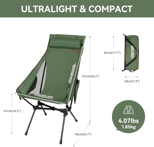 High Back Camping Chair for Adults, Folding Chair Supports 440 lbs, Lightweight Portable Backpacking Chair with Adjustable Pillow for Hiking & Camping
