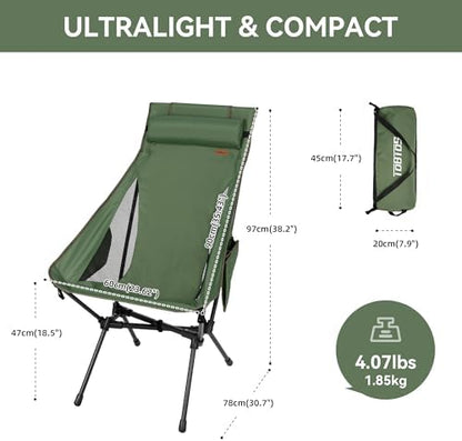 High Back Camping Chair for Adults, Folding Chair Supports 440 lbs, Lightweight Portable Backpacking Chair with Adjustable Pillow for Hiking & Camping