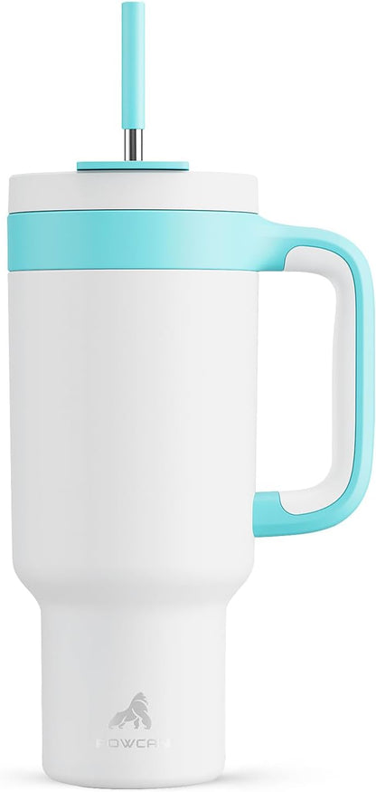 POWCAN 40 oz Tumbler with Handle, 2-in-1 Straw and Sip Lid, Leakproof, Dishwasher Safe, Insulated Stainless Steel Travel Coffee Mug, Keeps Cold for 34 Hours, Fits in Car Cup Holder (Glacier)