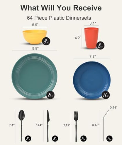 Quatish 64 Piece Plastic Plates and Bowls Sets for 8, Dinnerware Sets, MC
