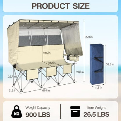 BESTHLS Portable Folding Camping Chair with Canopy Shade for 3 Person White