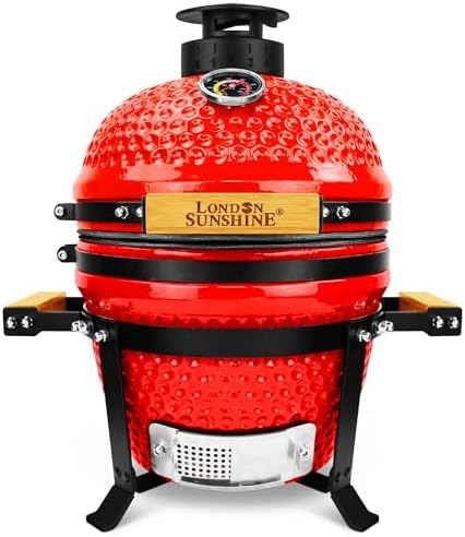 London Sunhine 13-Inch Ceramic Kamado Grill, Waterproof Vent Cap, Red