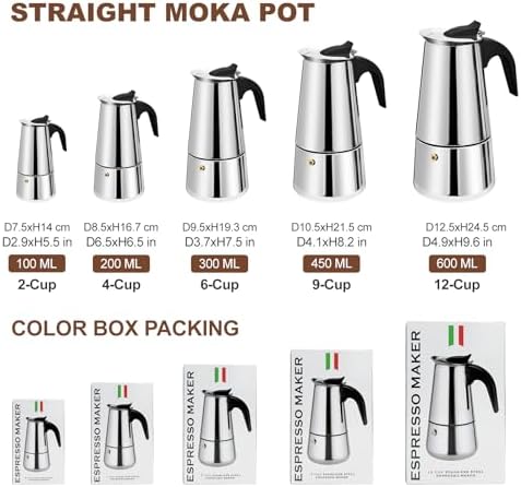 2 Cup Stovetop Espresso Maker Stainless Steel Moka Pot Stove Top Percolator Italian Coffee Makers Capable Mocha Greca Machine Cafe Classic Induction Cookers for Home and Camping 100ml 3.3oz