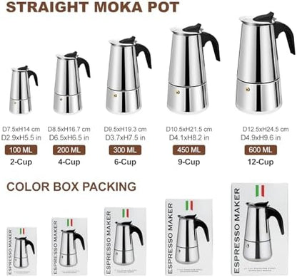 4 Cup Stovetop Espresso Maker Stainless Steel Moka Pot Stove Top Percolator Italian Coffee Makers Capable Mocha Greca Machine Cafe Classic Induction Cookers for Home and Camping 200ml 6.6oz