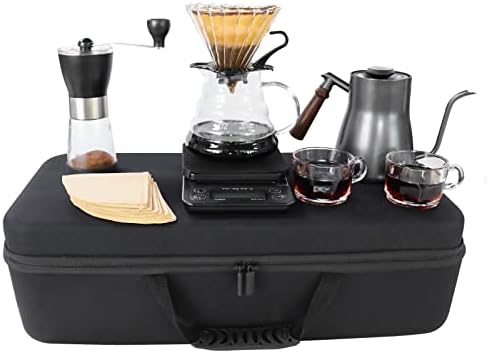 SOTECH Pour Over Coffee Maker Set includes a manual grinder, a hand brewing pot, a drip pot, a glass pot, filter paper, and a portable travel bag, suitable for outdoor camping.