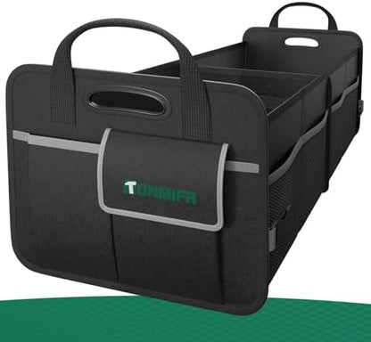 2-Compartment Trunk Organizer & Multi-Compartment Storage Box 600D Waterproof Oxford, with Reflective Strips and 8 Side Mesh Pockets for SUV, Sedan, Minivan- Heavy-Duty Car Organiser(65L)