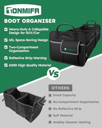 2-Compartment Trunk Organizer & Multi-Compartment Storage Box 600D Waterproof Oxford, with Reflective Strips and 8 Side Mesh Pockets for SUV, Sedan, Minivan- Heavy-Duty Car Organiser(65L)