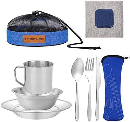 Stainless Steel Camping Cutlery Set - 8 Piece, Includes Spoons, Mugs, Bowls, Plates, Rags & Organizer Straps - Easy to Carry for Backpacking, Camping, Hiking and Picnics