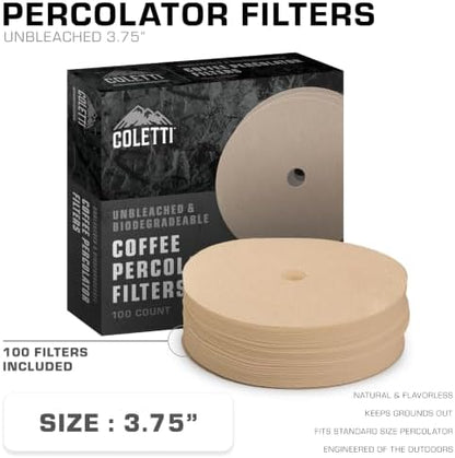 COLETTI Bozeman Super Bundle — Percolator Coffee Pot, Camping Coffee Pot, 2x Glass Globes, 100-Pack of Natural Filters — Camping's Best Percolator – Pure Stainless Steel [9 Cup Bundle]