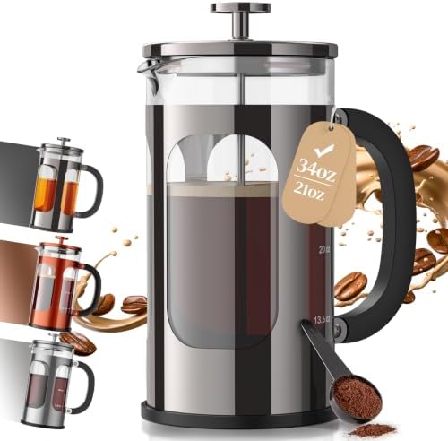 Veken French Press Coffee Maker, No Plastic Touching Cafe,34oz 1 L Cafetera