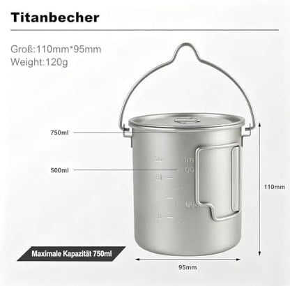 THTYBROS Titanium Cup Ultralight Camping Mug with Foldable Handle & Lid, Pure Titanium Cookware for Outdoor Hiking, Backpacking, Picnic, and Campfire