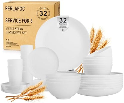 Wheat Straw Dinnerware Sets Service for 8, 32 Piece Plates and Bowls Sets, Microwave & Dishwasher Safe Dishes, Perfect for Kitchen Camping Picnic RV Dorm - White