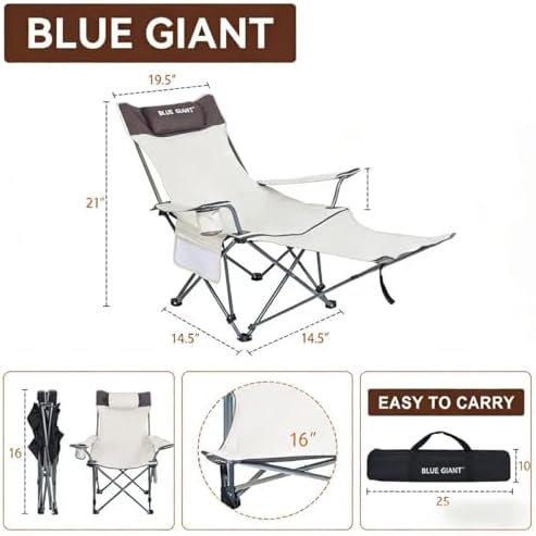 2 Pack Adjustable Folding Camping Chairs with Detachable Footrest and Headrest, Lightweight and Portable, Ideal for Hiking, Travel, Fishing and Outdoor Activities (Beige)