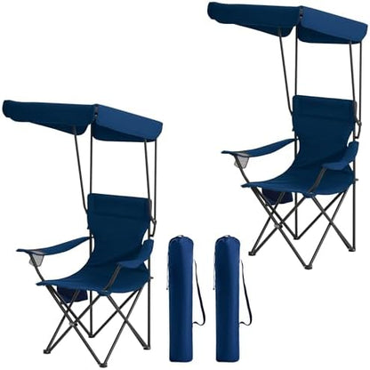 Portable Camping Chair 2 Pack with Foldable Canopy, Folding Outdoor Chair with Cup Holder & Side Pocket for Camping, Hiking, Picnic, Beach (Blue)