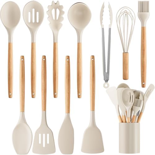 Silicone Cooking Utensil Set,12 PCS Cooking Cookware Kitchen Utensils Set for Cooking, Nonstick 446°F Heat-Resistant Cookware Kitchen Tools of Spoon,Brush,Whisk,Spatula,Turner Tongs (Khaki)