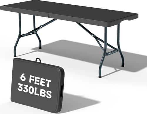 6 Foot Folding Table Black, Sturdy 330LBS Capacity, Reinforced Steel Legs, Foldable with Safety Lock, Portable for Parties, Picnics, Camping, 1 Pack