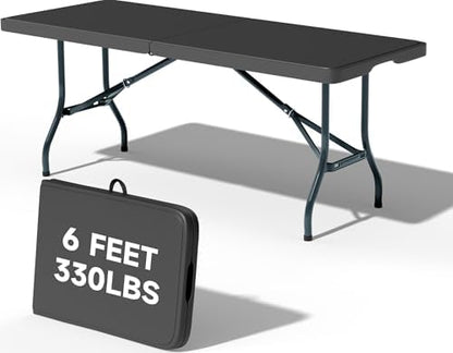 6 Foot Folding Table Black, Sturdy 330LBS Capacity, Reinforced Steel Legs, Foldable with Safety Lock, Portable for Parties, Picnics, Camping, 1 Pack