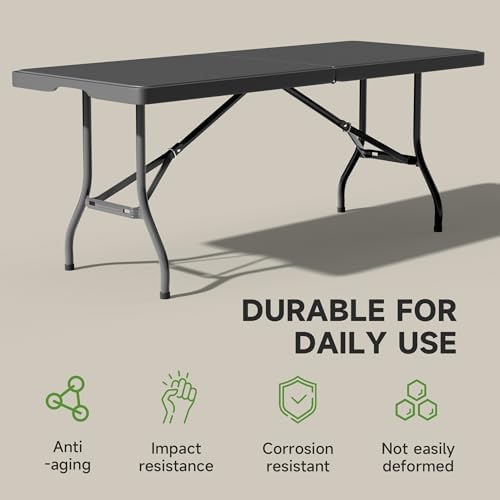 6 Foot Folding Table Black, Sturdy 330LBS Capacity, Reinforced Steel Legs, Foldable with Safety Lock, Portable for Parties, Picnics, Camping, 1 Pack