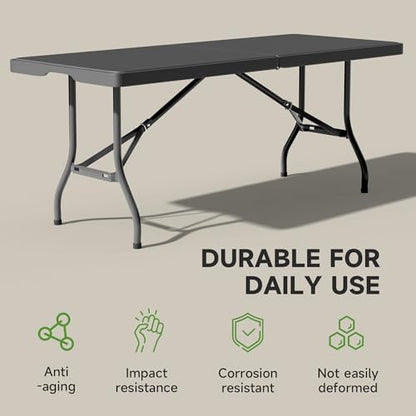 6 Foot Folding Table Black, Sturdy 330LBS Capacity, Reinforced Steel Legs, Foldable with Safety Lock, Portable for Parties, Picnics, Camping, 1 Pack