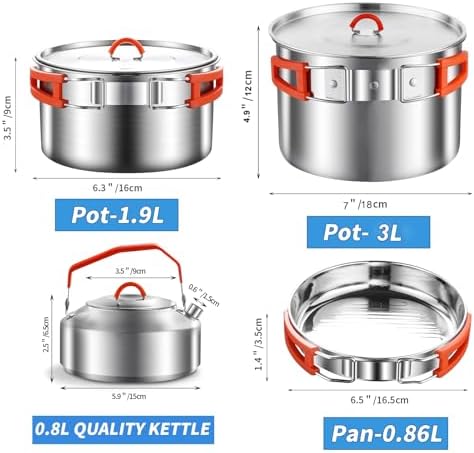 Camping Cooking Set 304 Stainless Steel Camping Pots and Pans Set