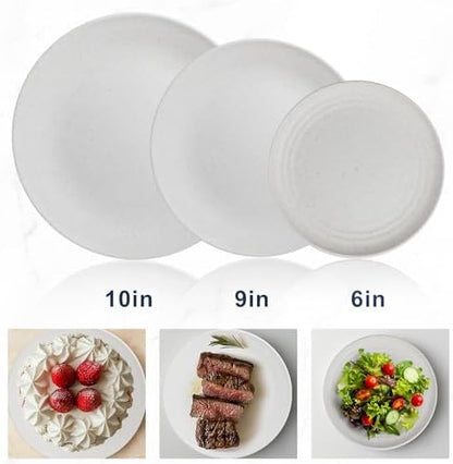 Wrova Wheat straw bowl and plate sets of 40 with cups for kids - Unbreakable plastic dinnerware sets service for 8 - Microwave and Dishwasher safe dish sets for kitchen and camping. White
