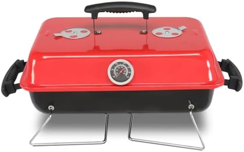 20.8" Portable Enameled Charcoal Grill,Tabletop Outdoor Barbecue Smoker,Heavy Duty Outdoor BBQ Grill,Vertical Camping Barbecue Grill,with Thermometer,for Garden Patio Beach Backyard (Black & Red)