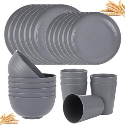 Supernal 24pcs Dark Gray Wheat Straw Dinnerware Set Reusable Plates