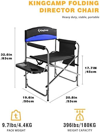 KingCamp Portable Camping Chair, Folding Directors Chair Compact Outdoor Chair with Side Table Cup Holder for Beach Trip Tailgating Lawn Sports Backpacking Fishing Picnic, Blue