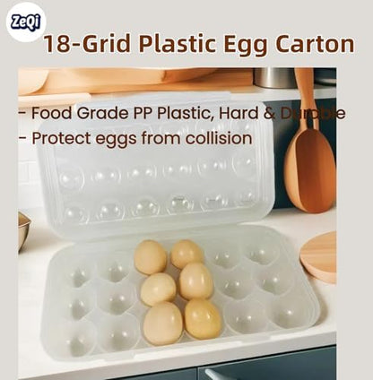 ZeQi 18Grid Clear Shatterproof Egg Plastic Storage Container– Transparent Organizer Box for Kitchen, Pantry, Fridge, Travel, Durable Reusable, Camping