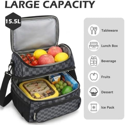 FlowFly Double Layer Cooler Insulated Lunch Bag Adult Lunch Box Large Tote Bag for Men, Women, With Adjustable Strap,Front Pocket and Dual Large Mesh Side Pockets