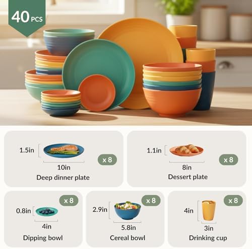 Homienly 40-Piece Unbreakable Wheat Straw Dinnerwave Sets Plates and Bowls Sets for Kitchen, RV, Dorm, Lightweight Camping Dishes Set, Service for 8, Microwave and Dishwasher Safe Dish Sets (Multi)