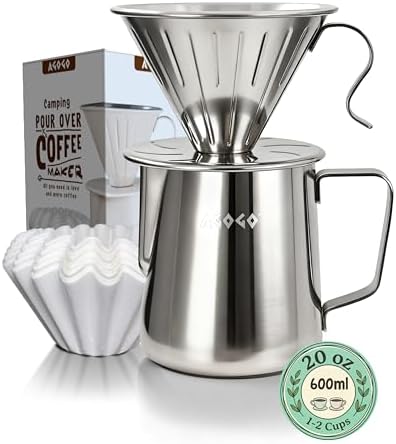 AGOGO Stainless Pour Over Coffee Maker Set, 50 Paper Filters, 20oz, Sliver