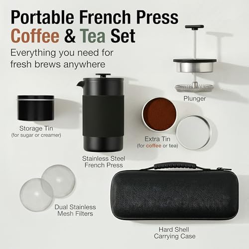 Travel French Press Coffee Maker Set - 12 oz | Portable Travel French Press Coffee Maker | Double Wall Insulated with Dual Stainless Filters & 2 Steel Canisters for Grounds, Tea, Creamer & Sugar