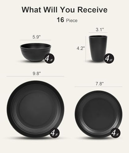 Quatish 16 Piece Plates and Bowl Set for 4, Dinnerware Dish Set for Kitchen