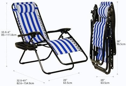 Nazhura Set of 2 Relaxing Recliners Patio Chairs Adjustable Steel Mesh Zero Gravity Lounge Chair Beach Chairs with Pillow and Cup Holder (Navy Blue Stripe)