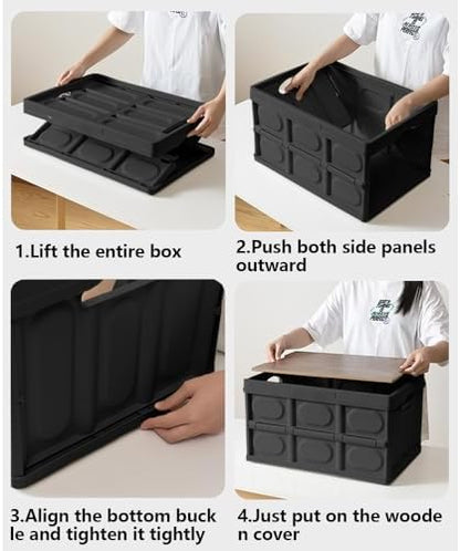 2 PCS Collapsible Storage Bins Box with Lids and Handle, 30L 8Gal Portable Storage Crate Containers Totes, Instacrate Stackable Foldable Camping Basket Supplies for Fishing Car RV, Office (Black)