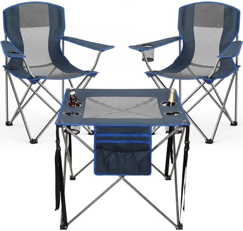 Camping Chair Set of 3,Outdoor Folding Camping Chairs with Cup Holder & Carry Bag for Sports,Hiking,Picnic,Includes Two Foldable,Breathable Camping Chair and a Larger Table Support up to 250lbs