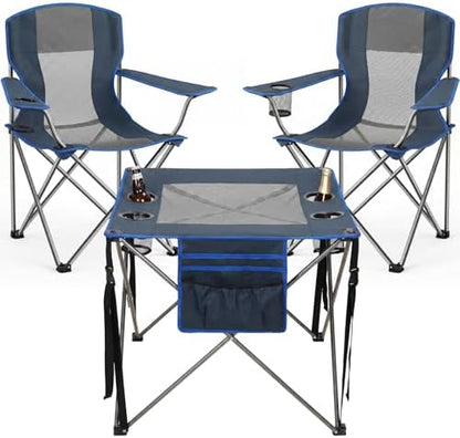 Camping Chair Set of 3,Outdoor Folding Camping Chairs with Cup Holder & Carry Bag for Sports,Hiking,Picnic,Includes Two Foldable,Breathable Camping Chair and a Larger Table Support up to 250lbs