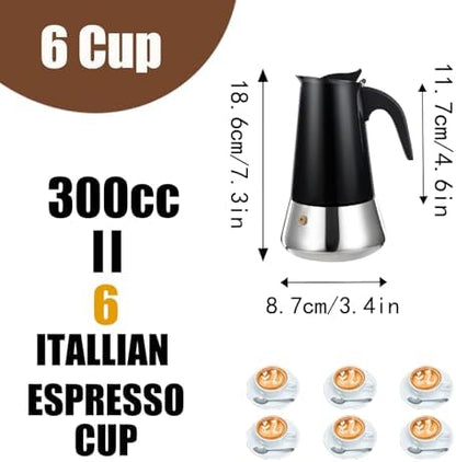 6 Cup Stovetop Espresso Maker Stainless Steel Moka Pot Stove Top Percolator Italian Coffee Makers Capable Mocha Greca Machine Cafe Classic Induction Cookers for Home and Camping 300ml 10oz