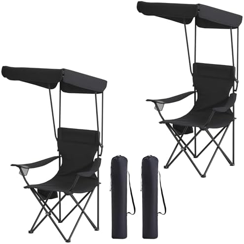 Portable Camping Chair 2 Pack with Foldable Canopy, Folding Outdoor Chair with Cup Holder & Side Pocket for Camping, Hiking, Picnic, Beach (Light Black)