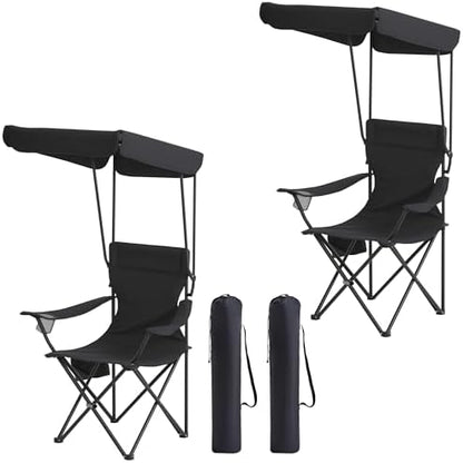 Portable Camping Chair 2 Pack with Foldable Canopy, Folding Outdoor Chair with Cup Holder & Side Pocket for Camping, Hiking, Picnic, Beach (Light Black)