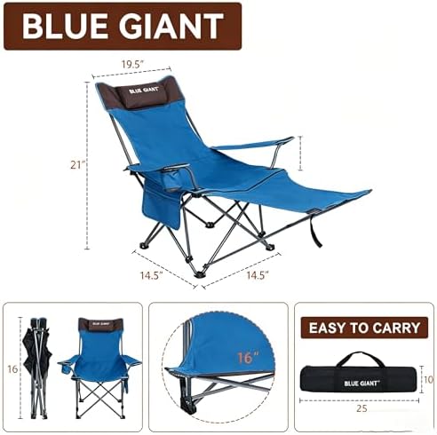 2 Pack Adjustable Folding Camping Chairs with Detachable Footrest and Headrest, Lightweight and Portable, Ideal for Hiking, Travel, Fishing and Outdoor Activities (Blue)
