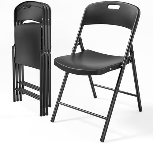 Bonnlo 4-Pack Black Plastic Folding Chairs, Portable Seat with Sturdy Steel Frame for Indoor & Outdoor Use, Perfect for Banquet, Party, Wedding, Office, and Camping